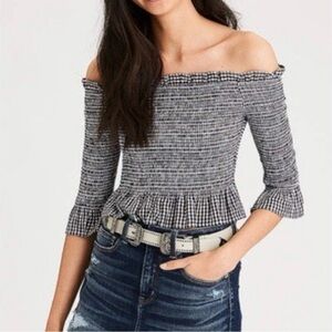 American Eagle Off the Shoulder Gingham Ruffle Top- Size Small